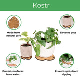 Kostr cork coasters product with planters, highlighting features like natural cork material and plant pot elevation.
