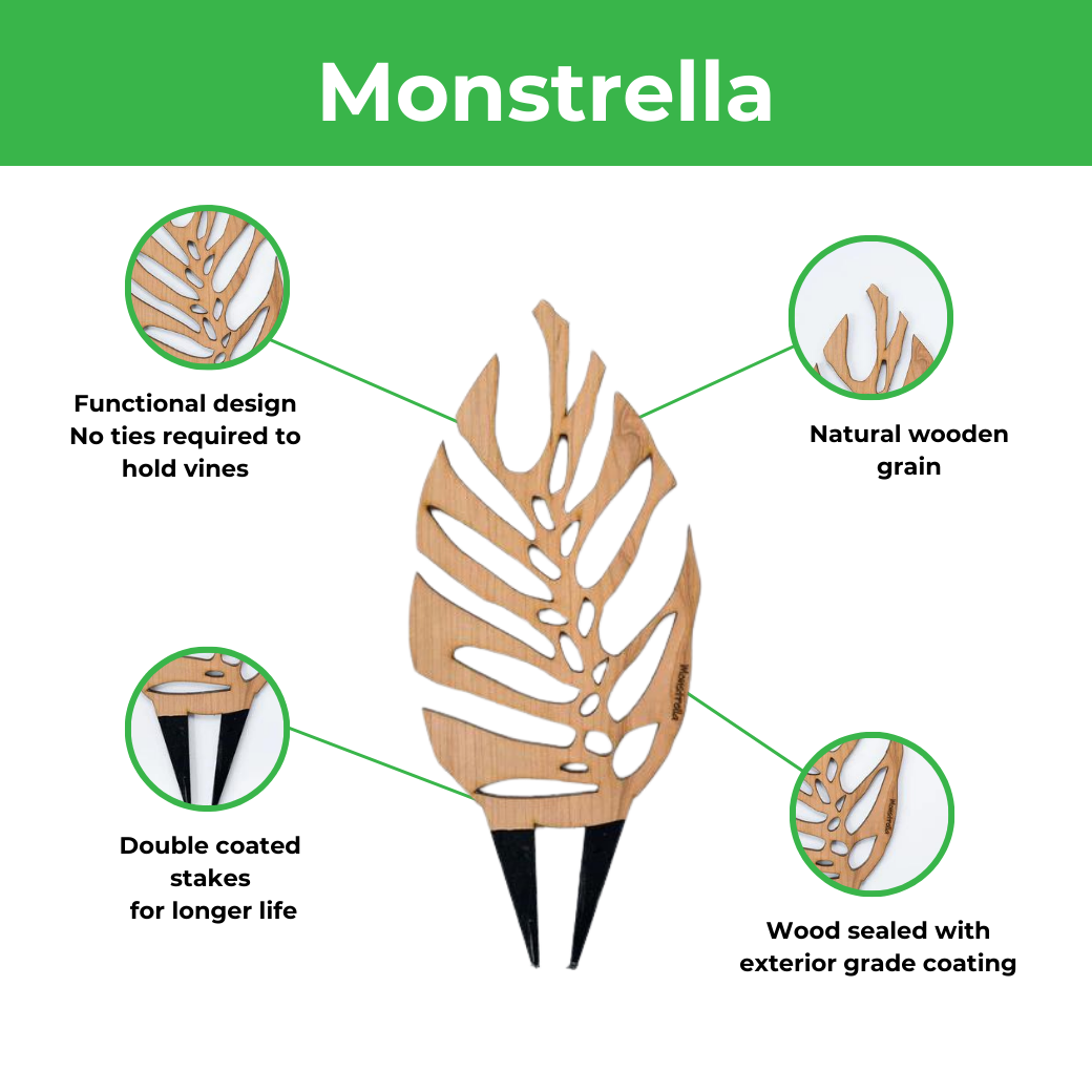 Monstrella designer wooden plant trellis highlighting features like functional design, double coated stakes, moisture resistant sealed wood and natural wood built.