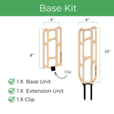 bella wooden trellsi for houseplant base kit with size chart and kit content with one base unit one extension unit and one clip on a white background