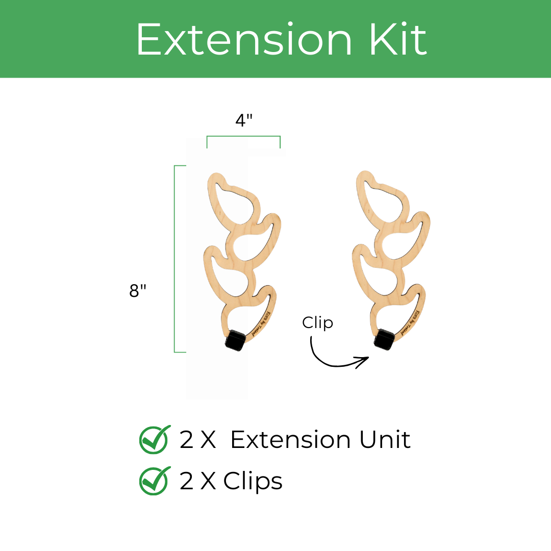 Kora extension kit with two modular wooden plant support extensions and clips for expanding plant growth