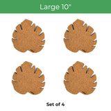 Four cork coasters shaped like monstera leaves, arranged in a 2x2 grid on a white background with a green banner reading 'Large 10"' at the top and 'Set of 4' at the bottom.