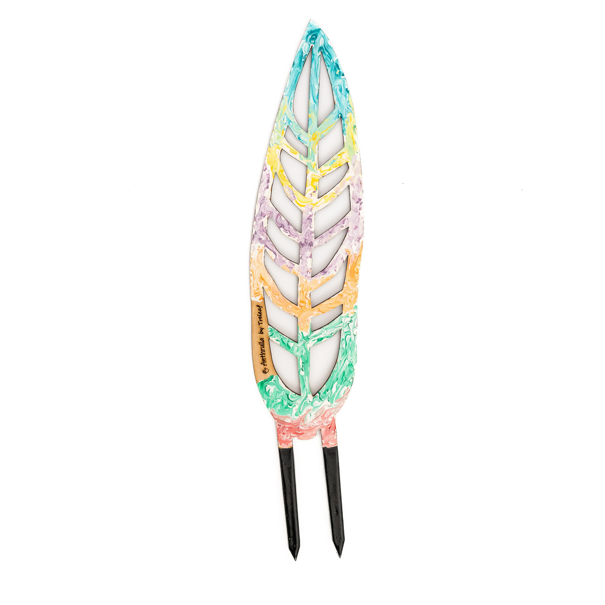 Anthrulla wooden plant trellis painted with pastel swirling colors and with black coated stakes