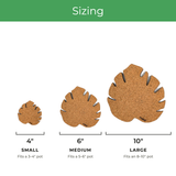 Sizing chart showing three monstera leaf-shaped plant coasters in small, medium, and large sizes with measurements and pot fit guidance on a white background with a green header.