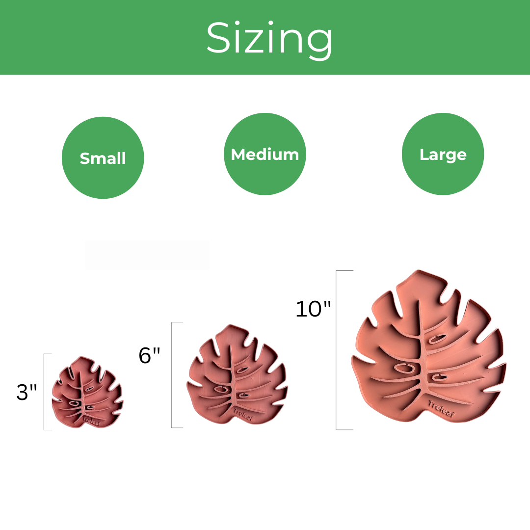 Sausr size chart in different size 3" 6 " 10" Monstera leaf shaped coaster for houseplant pot humidity tray waterproof 