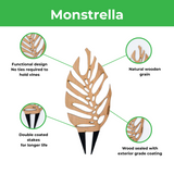 Monstrella designer wooden plant trellis highlighting features like functional design, double coated stakes, moisture resistant sealed wood and natural wood built. 