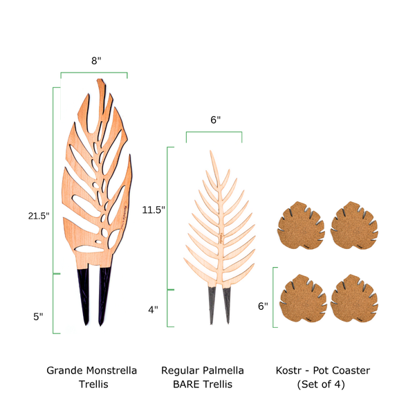 Dimensions of decorative items including a Grande Monstrella Trellis, Regular Palmella BARE Trellis, and Kostr Pot Coasters on a white background.