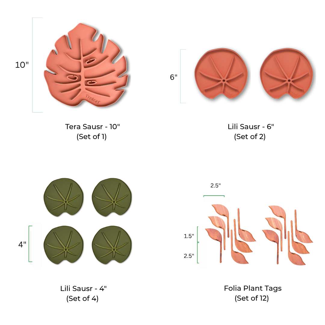 Dimensions of decorative plant accessories including a Tera sausr 10" plant pot saucer ,  Lili sausr 6" plant pot saucer, lili sausr 4" plant pot saucer  and folia plant tags on a white background.