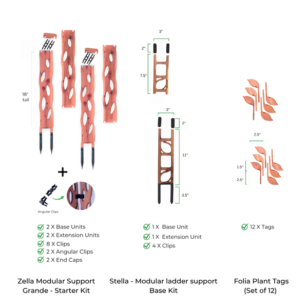 Zella Modular Support Grande Starter Kit, Stella Modular Ladder Support Base Kit and folia plant tags with dimensions and components on a white background.