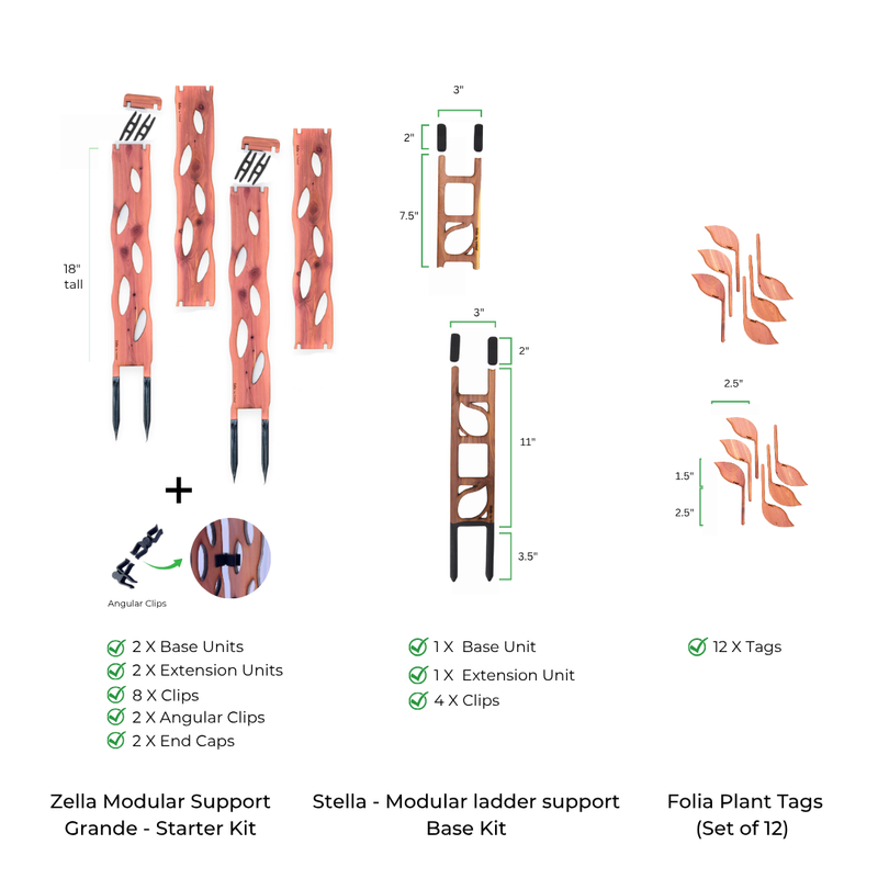 Zella Modular Support Grande Starter Kit, Stella Modular Ladder Support Base Kit and folia plant tags with dimensions and components on a white background.
