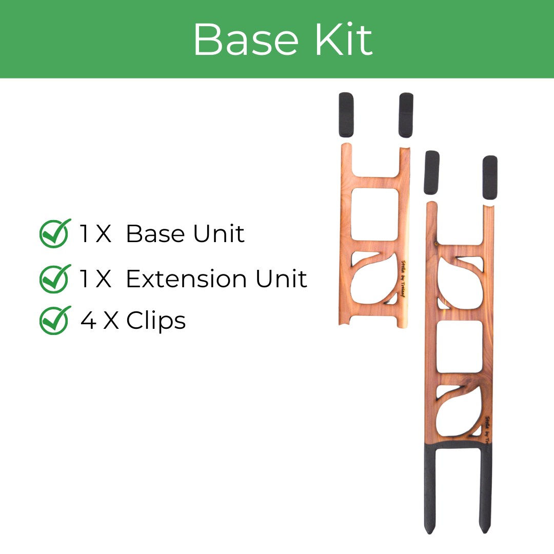 Stella modular ladder trellis made of cedarwood , stackable, plant support, ladder design for vining plants base kit contents base unit extension unit extension clips