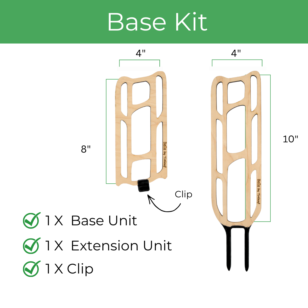bella wooden trellsi for houseplant base kit with size chart and kit content with one base unit one extension unit and one clip on a white background
