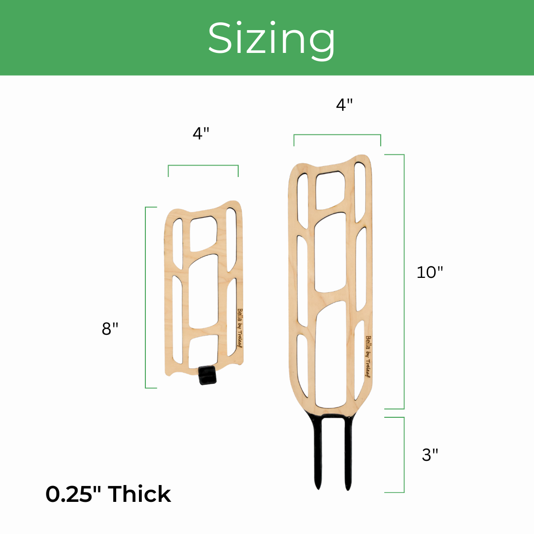 Measurement chart for bella ladder inspired wooden houseplant trellis with dimensions labeled.