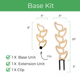 Kora base kit including wooden plant support base unit, extension unit, and clip for climbing houseplants