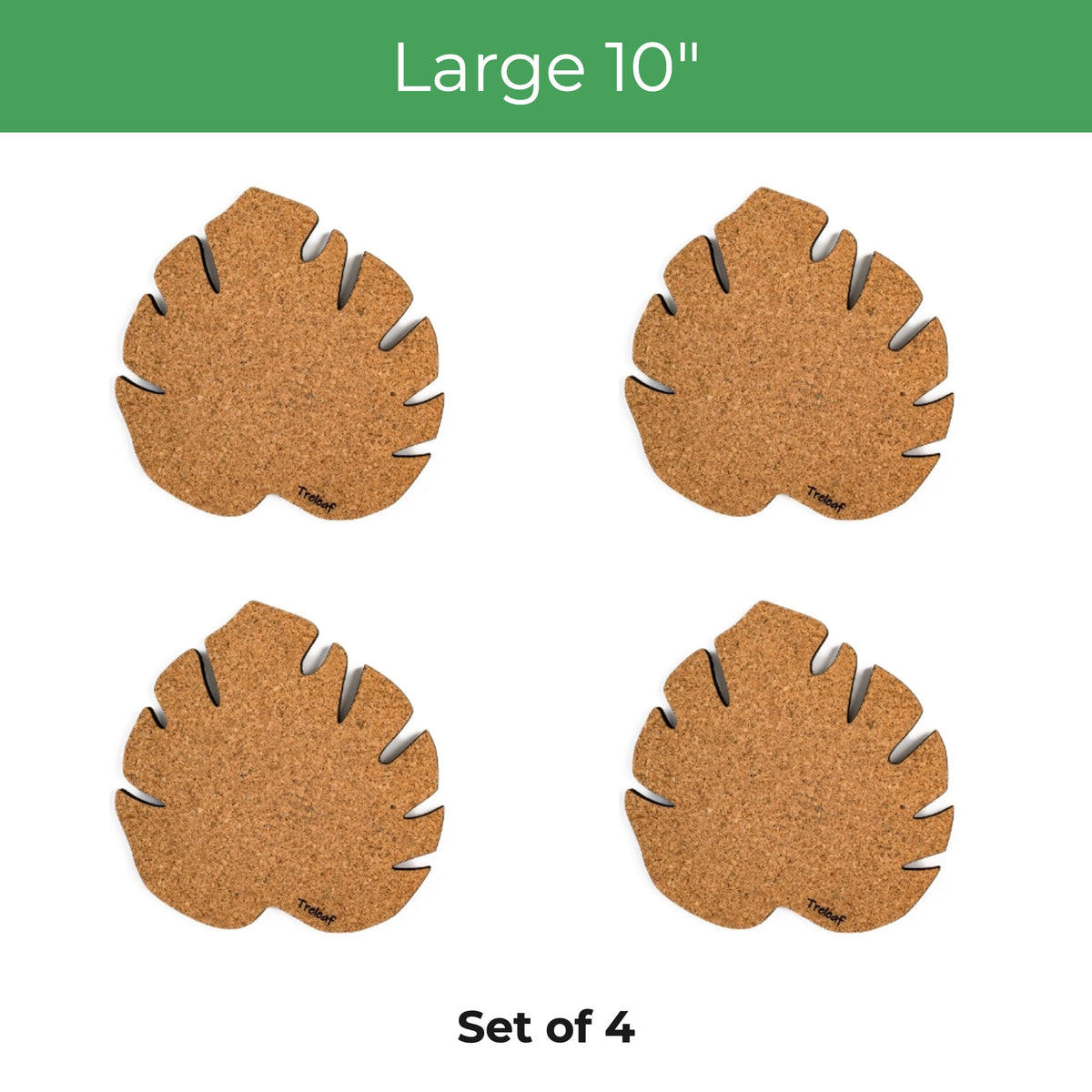 Four cork coasters shaped like monstera leaves, arranged in a 2x2 grid on a white background with a green banner reading 'Large 10"' at the top and 'Set of 4' at the bottom.