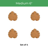 Four small brown cork monstera leaf-shaped pieces arranged in a 2x2 grid on a white background, with a green banner at the top reading 'Medium 6"' and text at the bottom reading 'Set of 4'.