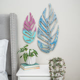 Wooden plant support with Monstera leaf inspiration in marble colours blue and pink,