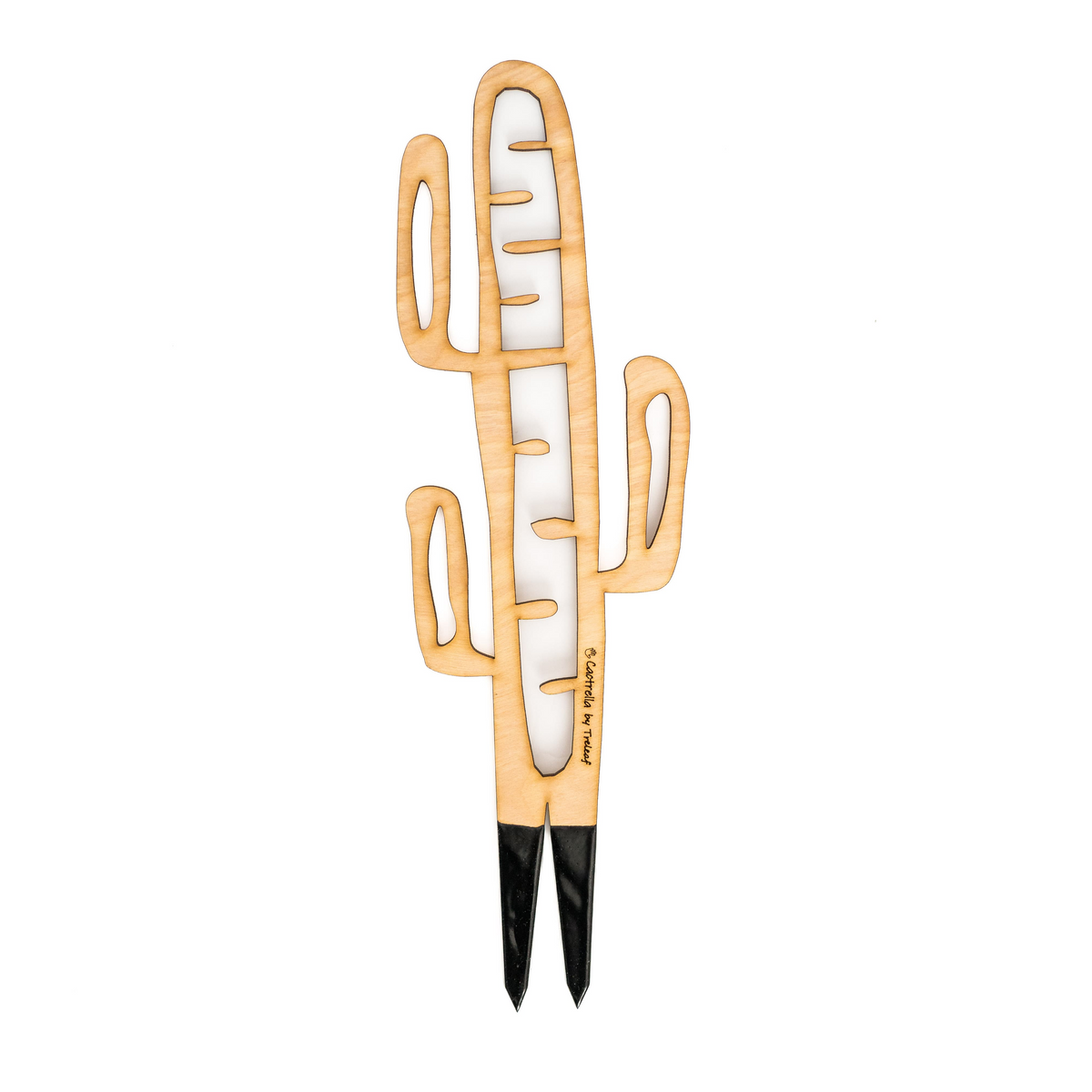 Wooden plant support shaped like a barrel cactus