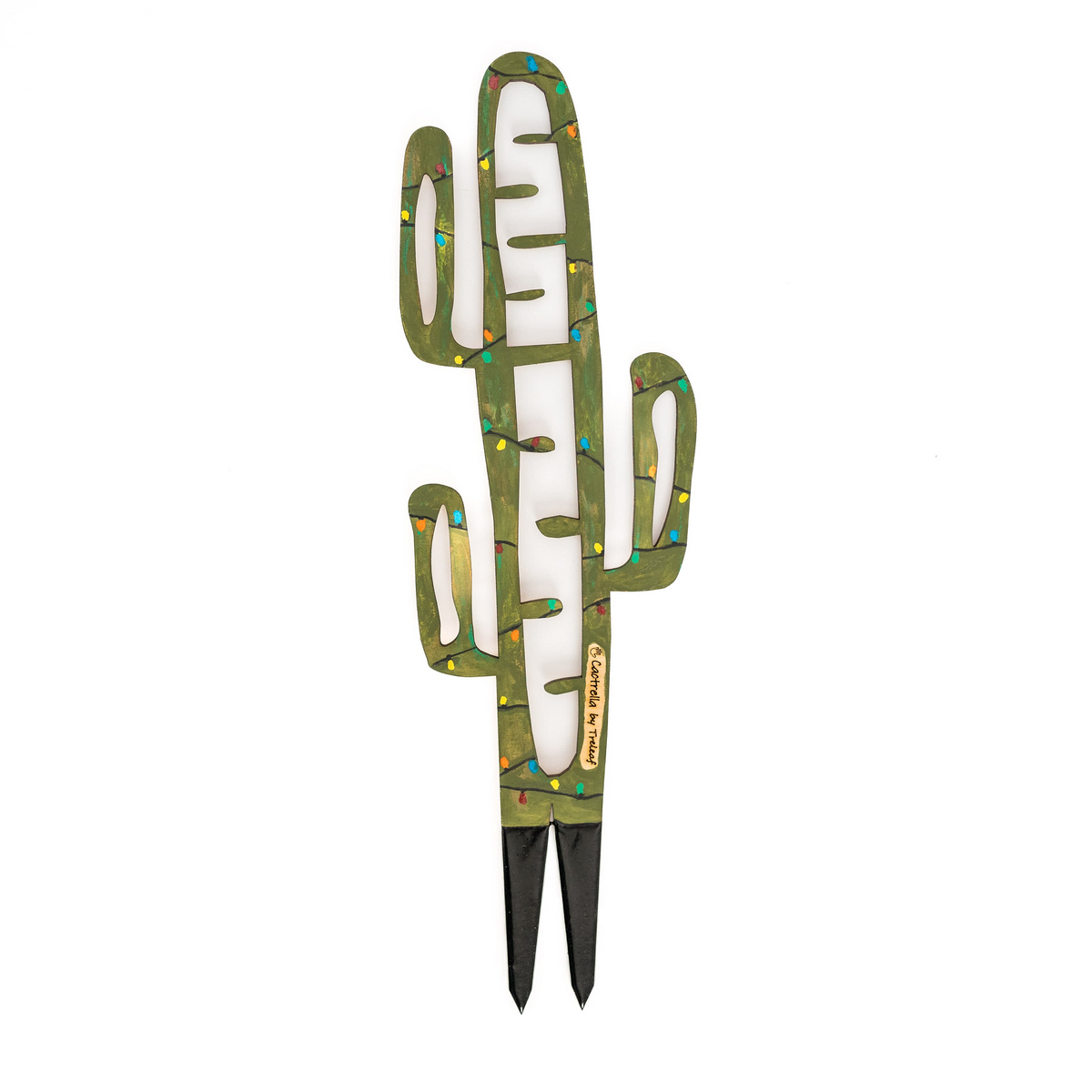 plant support painted green with colorful polka dot string lights and black stakes