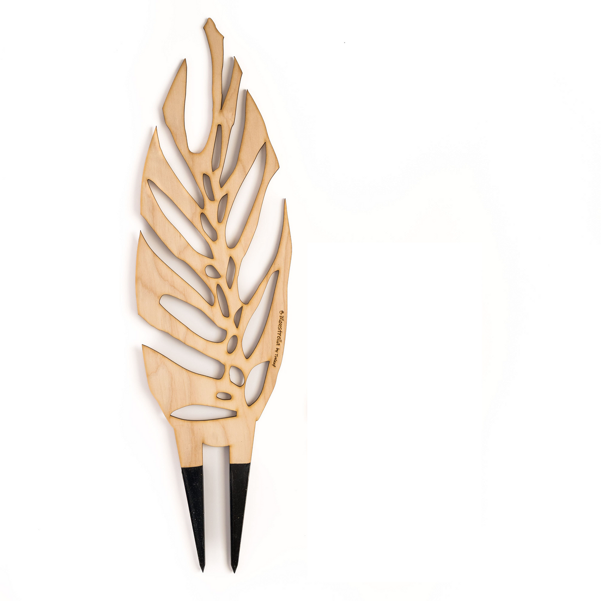 Large size wooden plant support cut out like Monstera leaf with engraving Monstrella by Treleaf