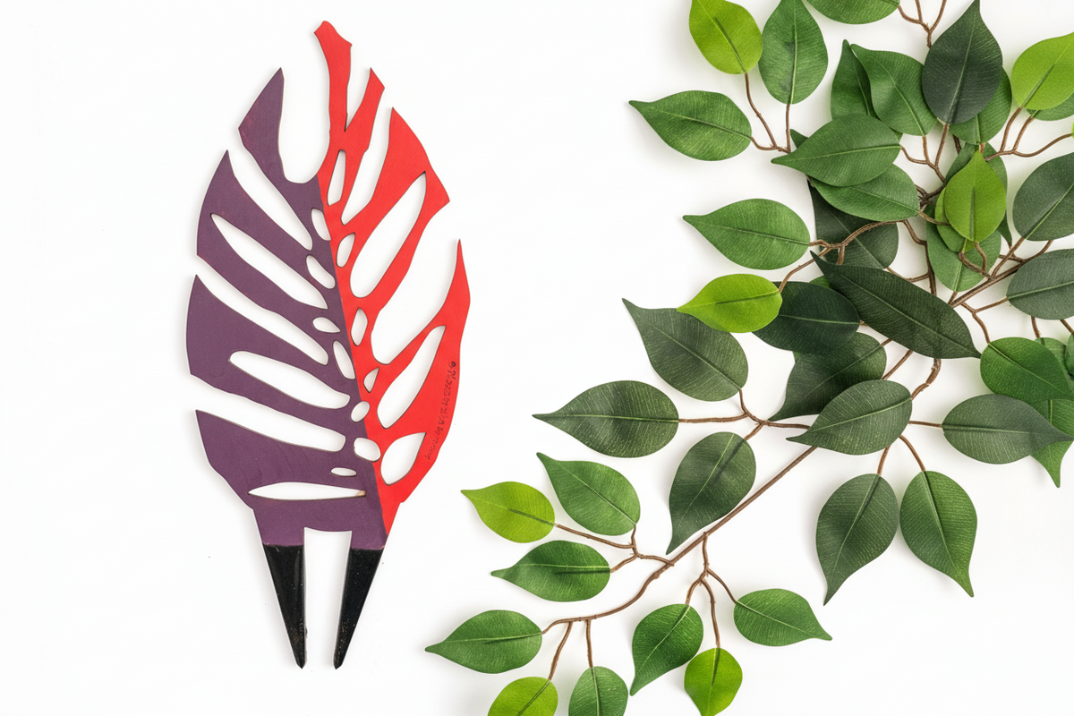 purple and red colored Monstrella trellis with a little leaf cut out with the same color