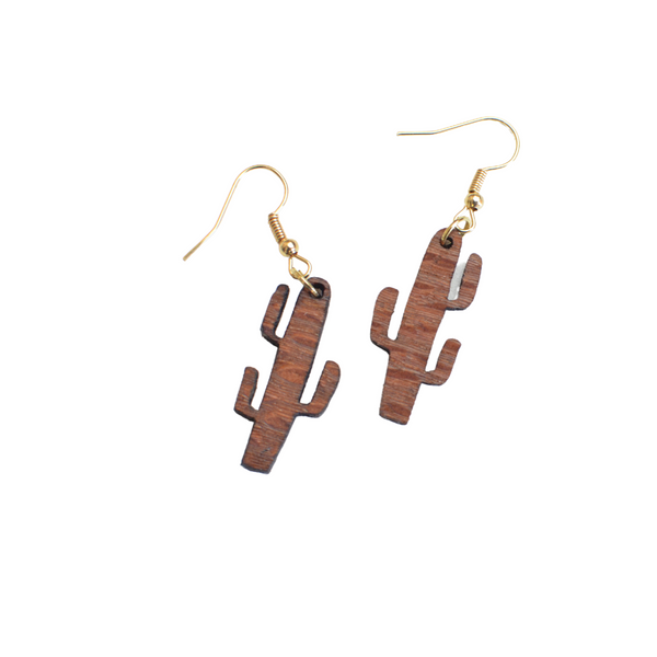 Dangling cactus shaped wooden earring