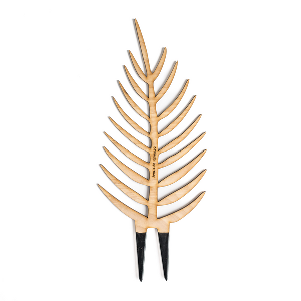 Wooden trellis shaped like a palm leaf with black stakes and engraved ...